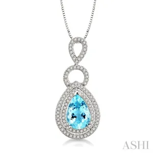 10x7mm Pear Shape Aquamarine and 1/3 Ctw Round Cut Diamond Pendant in 14K White Gold with Chain