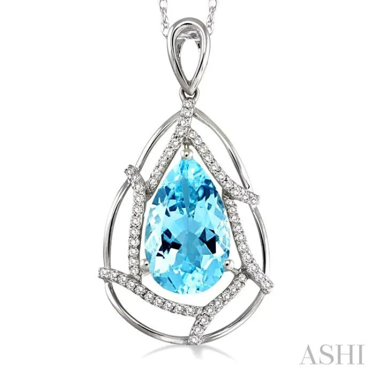 10x7mm Pear Shape Aquamarine and 1/5 Ctw Round Cut Diamond Pendant in 14K White Gold with Chain