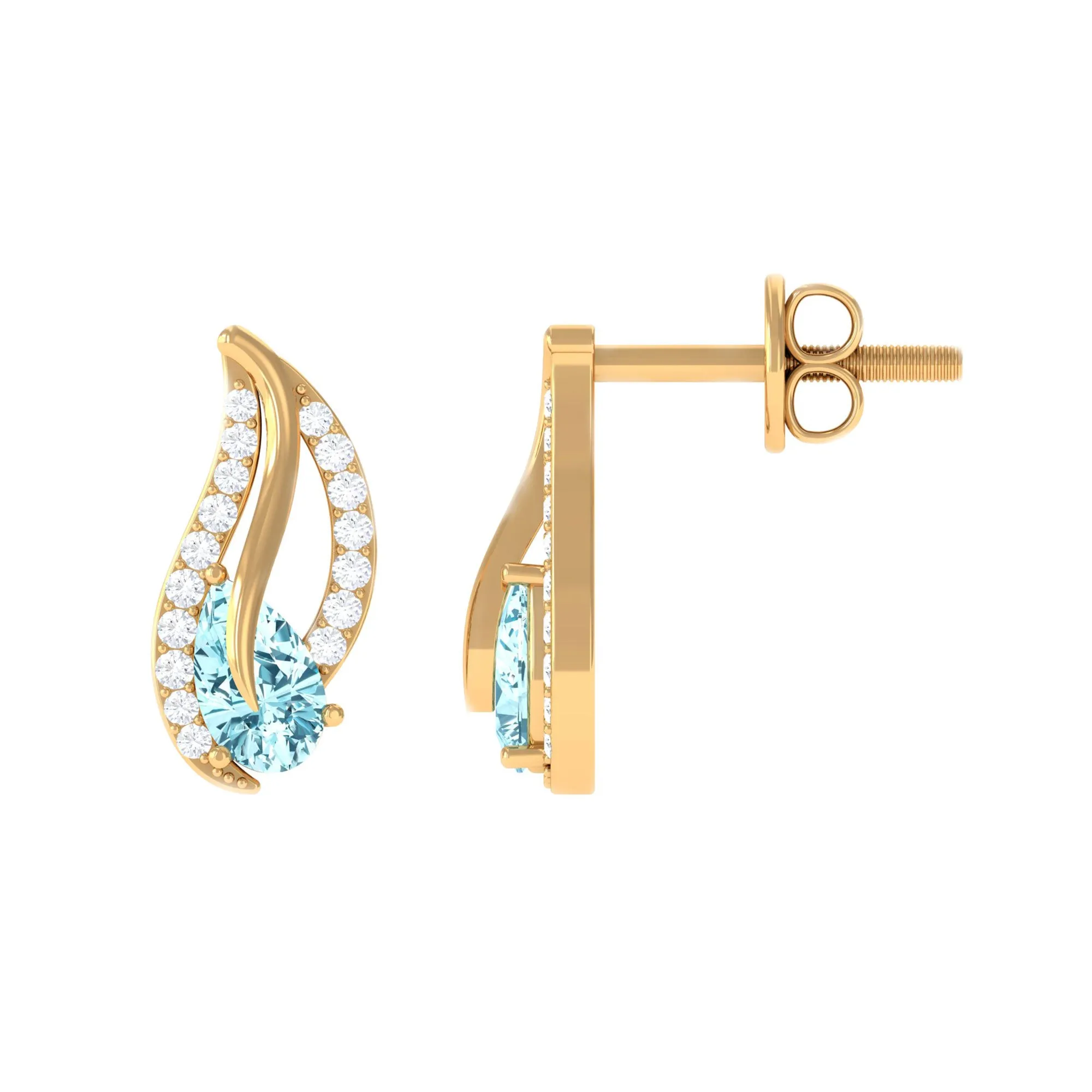 1/2 CT Pear Shape Aquamarine and Diamond Leaf Stud Earrings