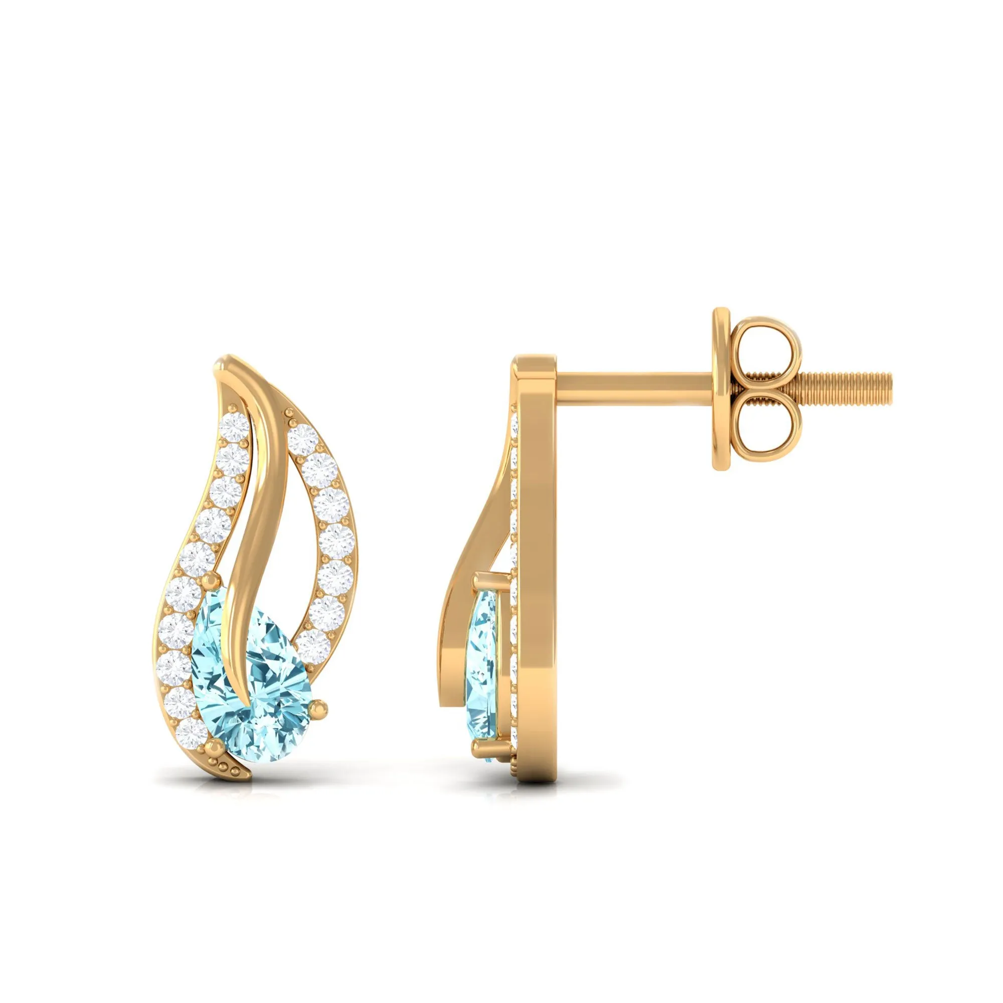 1/2 CT Pear Shape Aquamarine and Diamond Leaf Stud Earrings