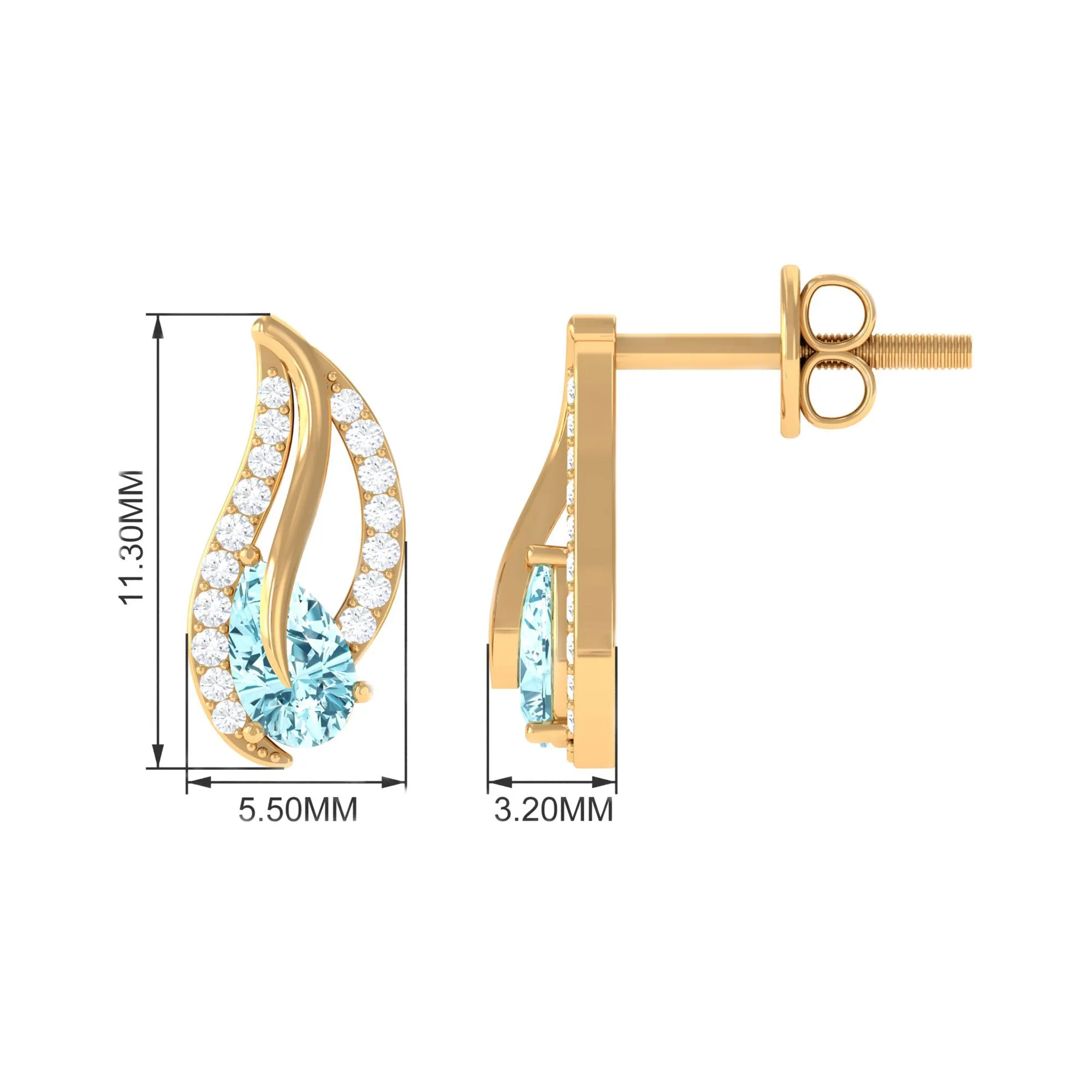 1/2 CT Pear Shape Aquamarine and Diamond Leaf Stud Earrings