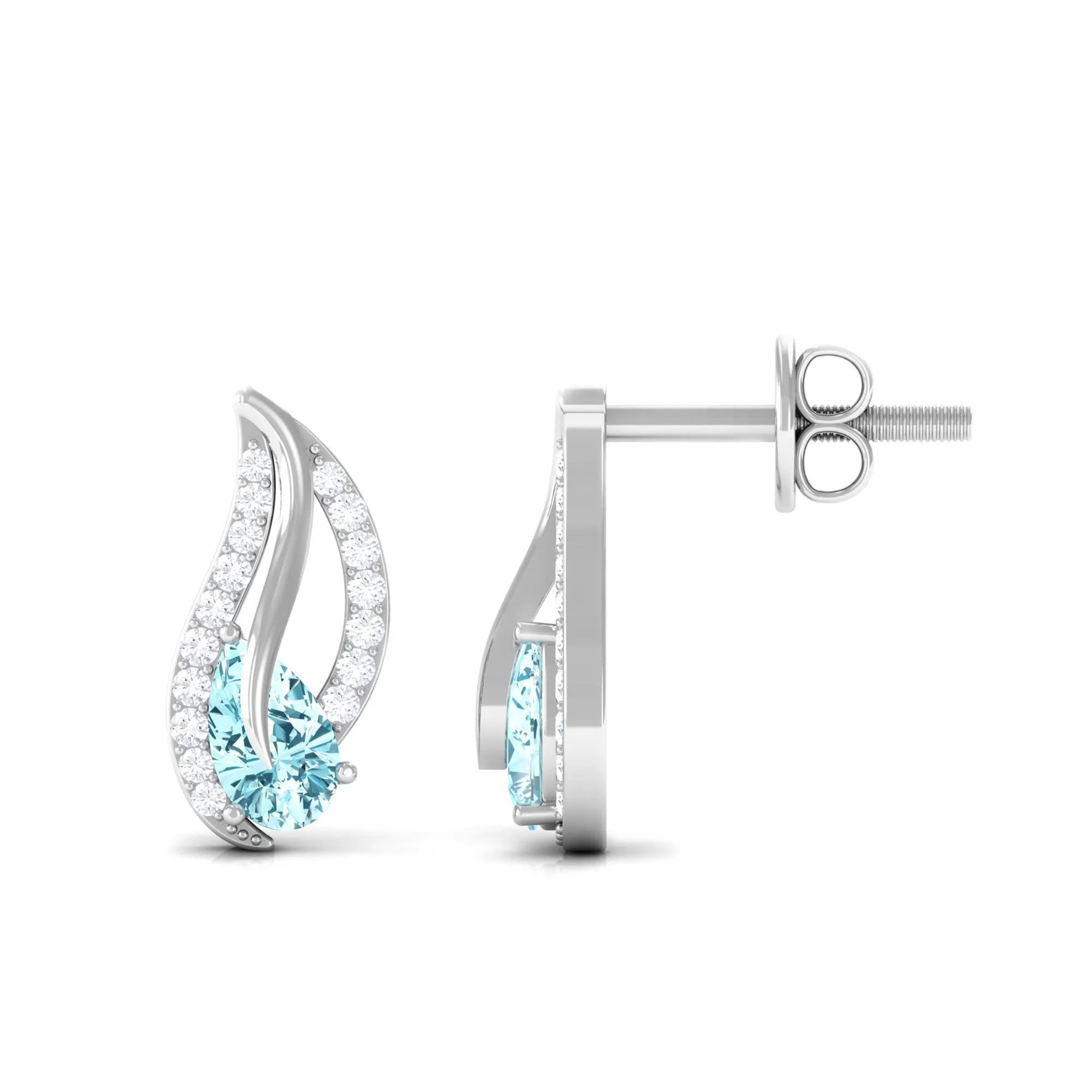 1/2 CT Pear Shape Aquamarine and Diamond Leaf Stud Earrings