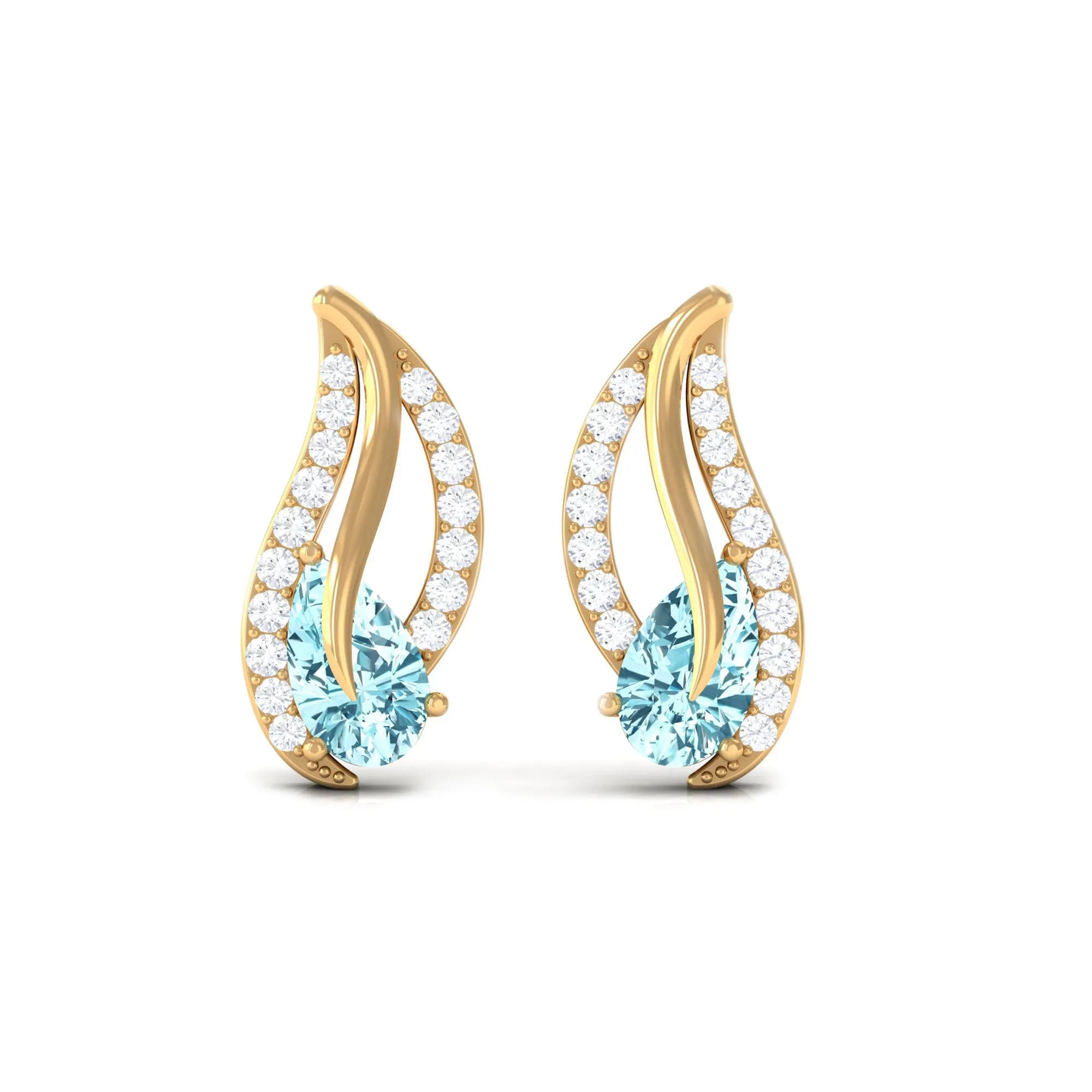 1/2 CT Pear Shape Aquamarine and Diamond Leaf Stud Earrings