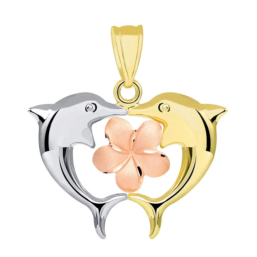 14k Gold High Polish Kissing Dolphins with Hawaiian Plumeria Flower Pendant Cuban Necklace - Tri-Color Gold