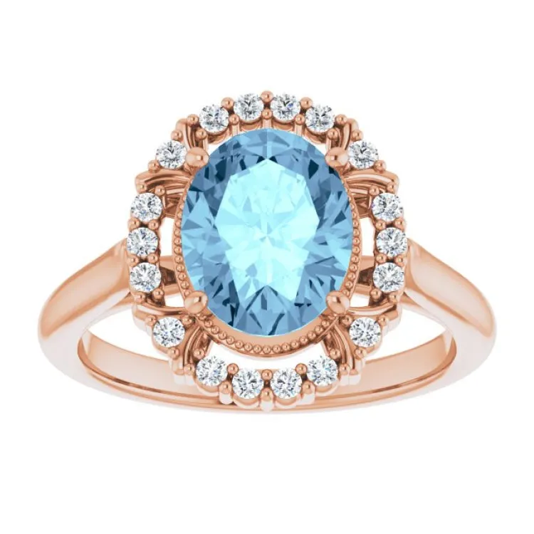 14K Rose Natural Aquamarine & 1/5 CTW Natural Diamond Ring