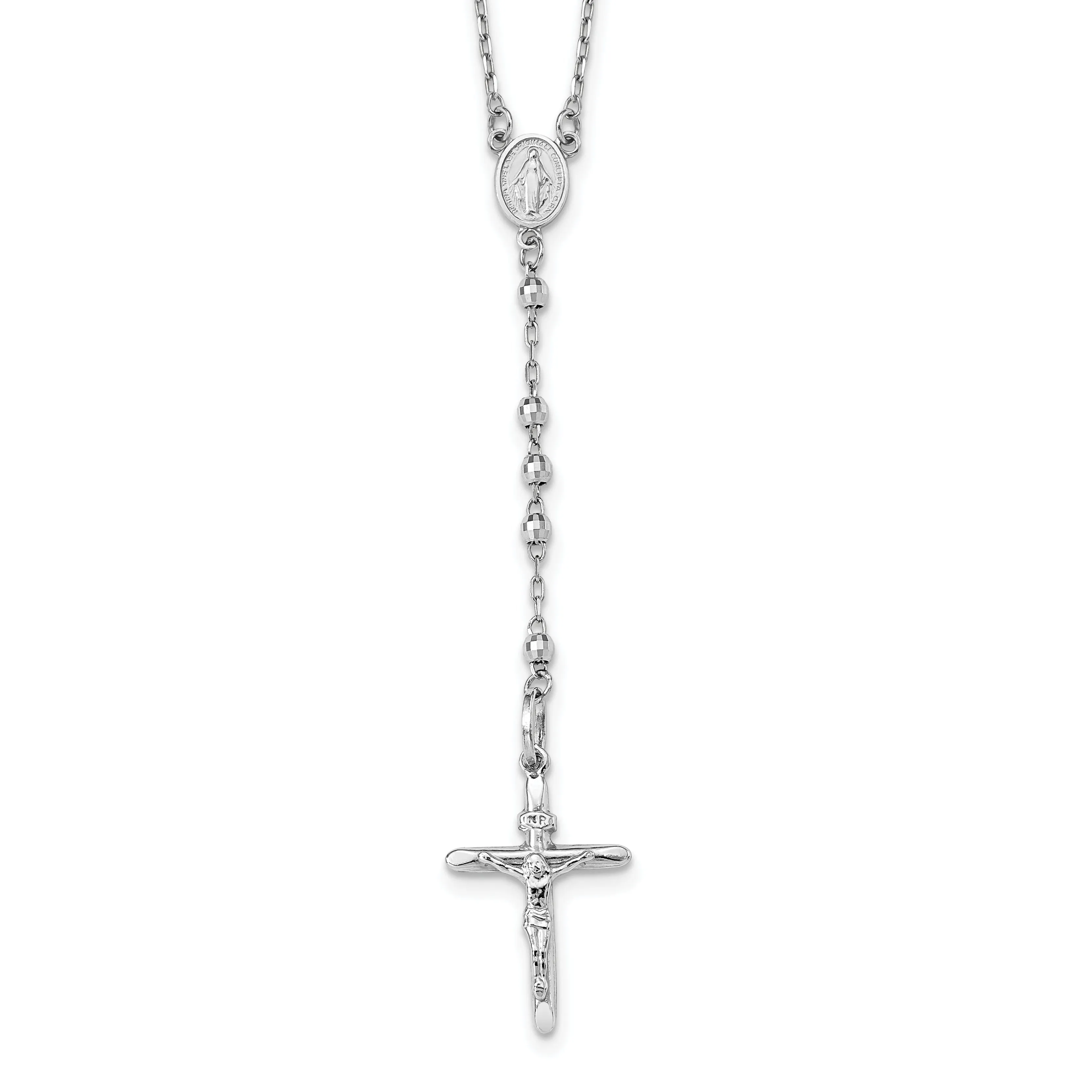 14k White Gold 24 inch Beaded Rosary Necklace