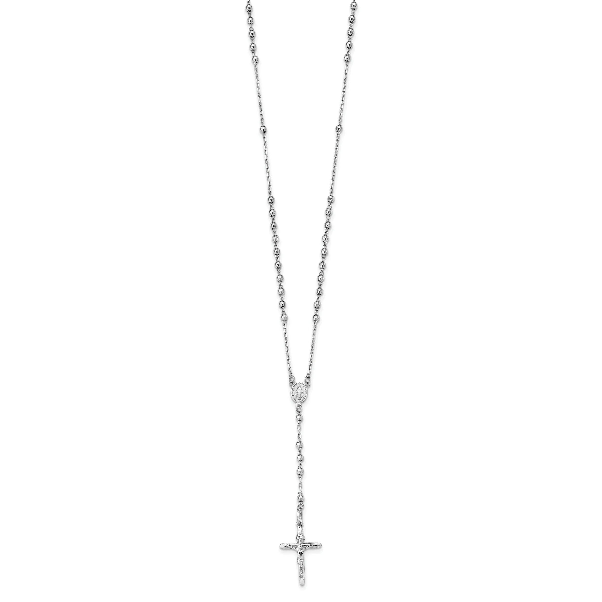 14k White Gold 24 inch Beaded Rosary Necklace