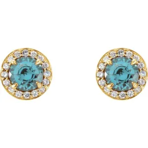 14K Yellow 4.5 mm Natural Aquamarine & 1/6 CTW Natural Diamond Earrings