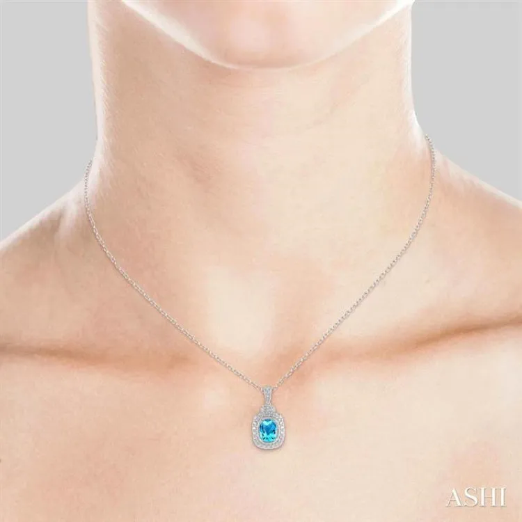 1/50 Ctw Cushion Shape 8x6 MM Blue Topaz & Round Cut Diamond Semi Precious Pendant With Chain in Sterling Silver