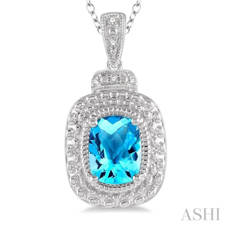 1/50 Ctw Cushion Shape 8x6 MM Blue Topaz & Round Cut Diamond Semi Precious Pendant With Chain in Sterling Silver