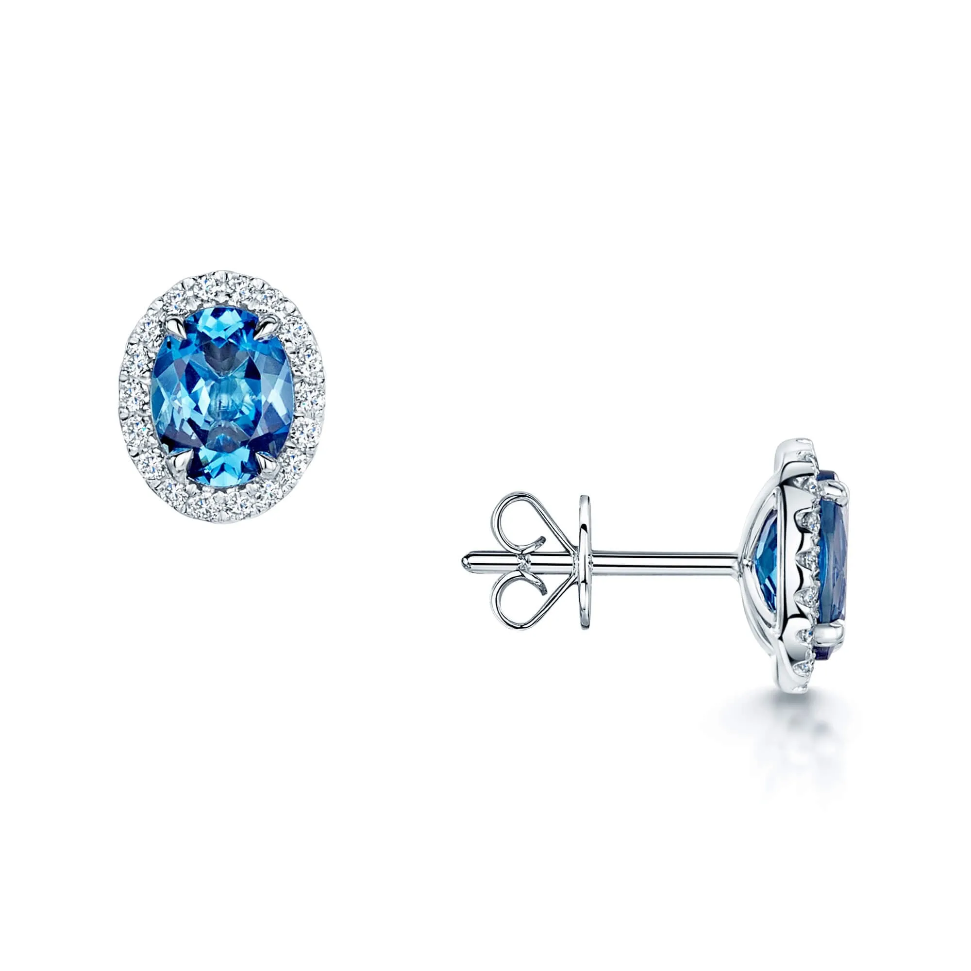 18ct White Gold Oval Aquamarine & Diamond Cluster Stud Earrings