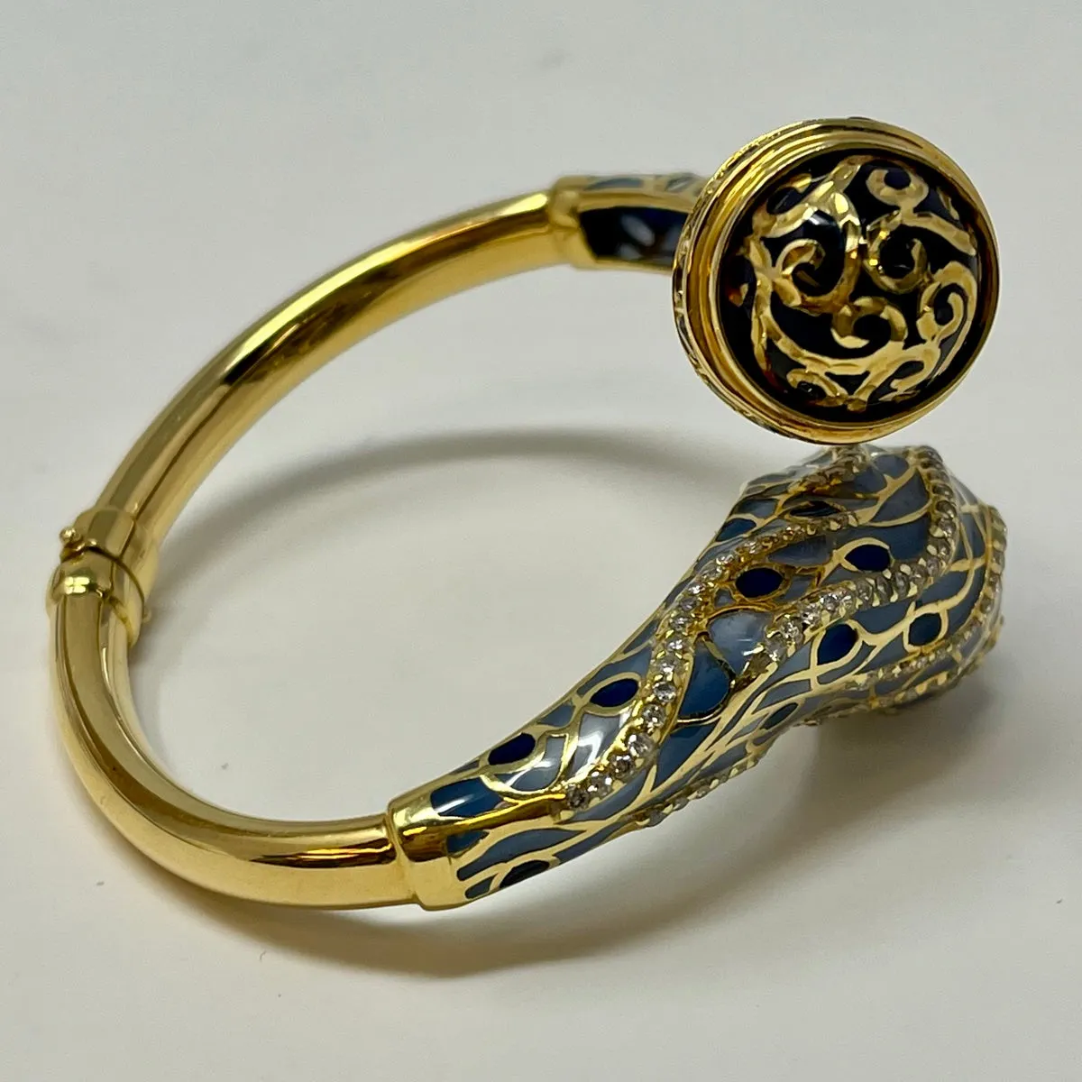 18K Gold Hinged Snake Bracelet with Diamonds and Enamel