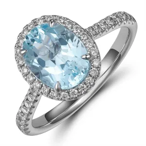 18K White Gold Oval Aquamarine with Diamond Halo Ring