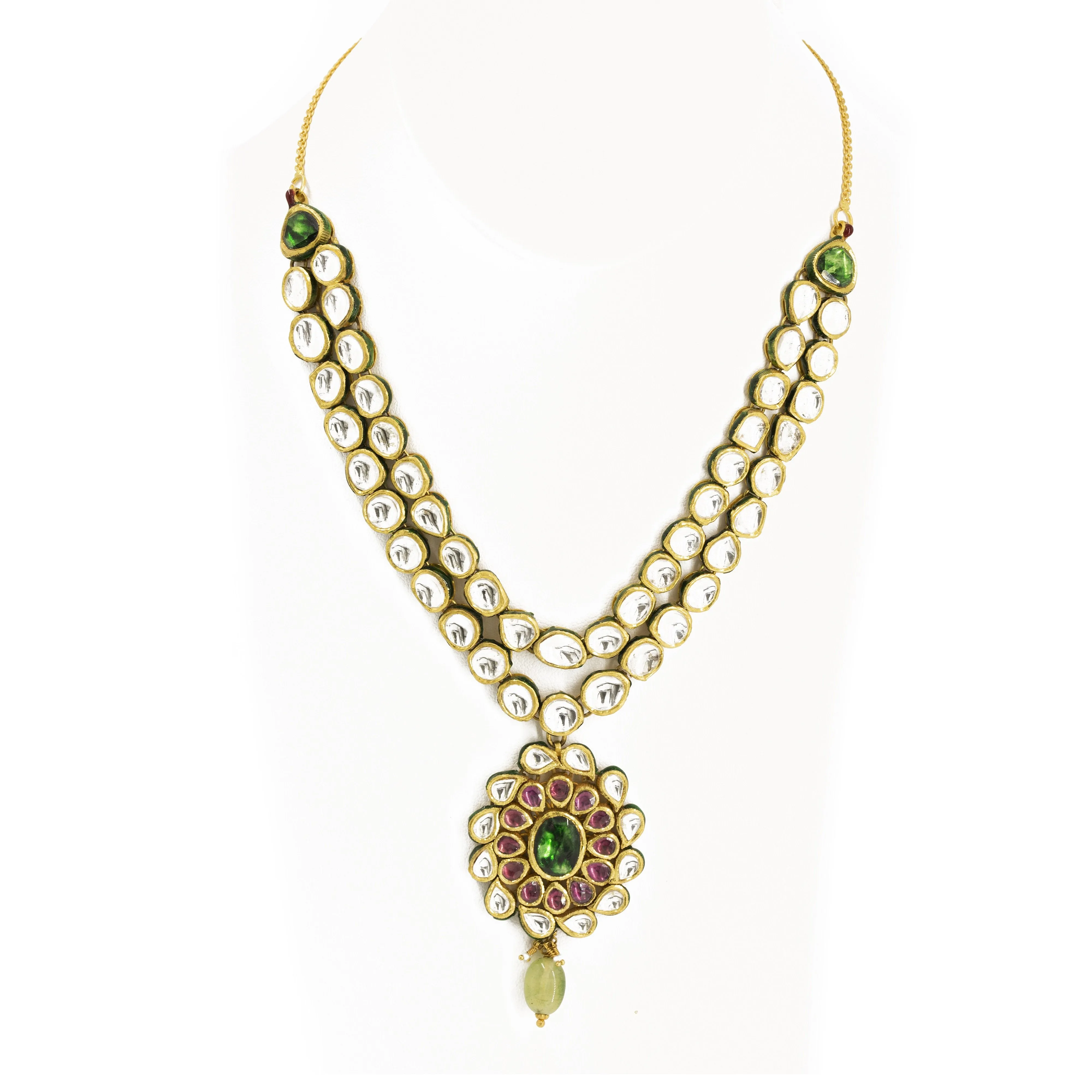 22K Gold Necklace & Earrings Set W/ Kundan