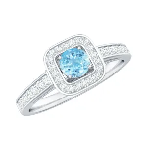 3/4 Carat Round Aquamarine and Diamond Halo Promise Ring