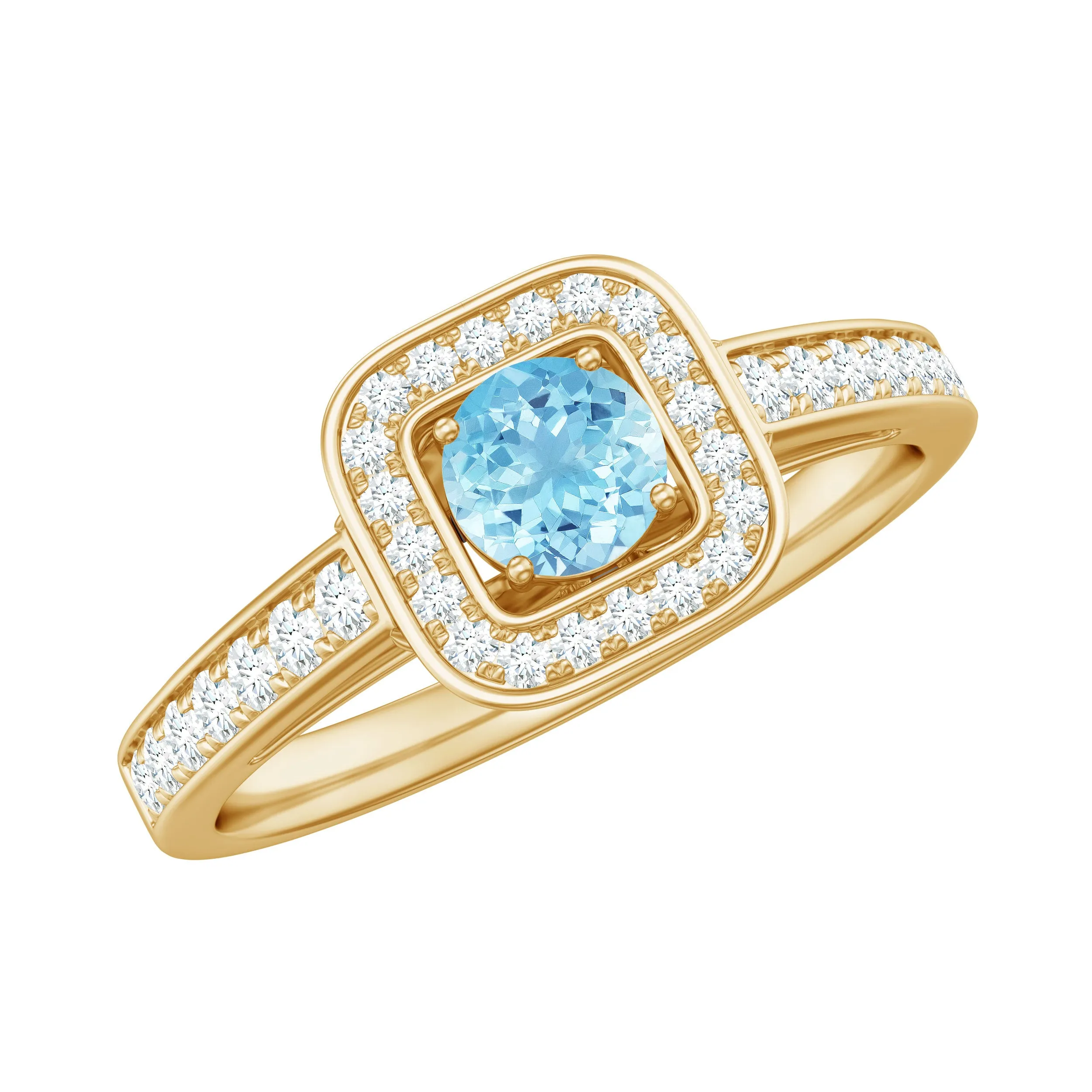 3/4 Carat Round Aquamarine and Diamond Halo Promise Ring