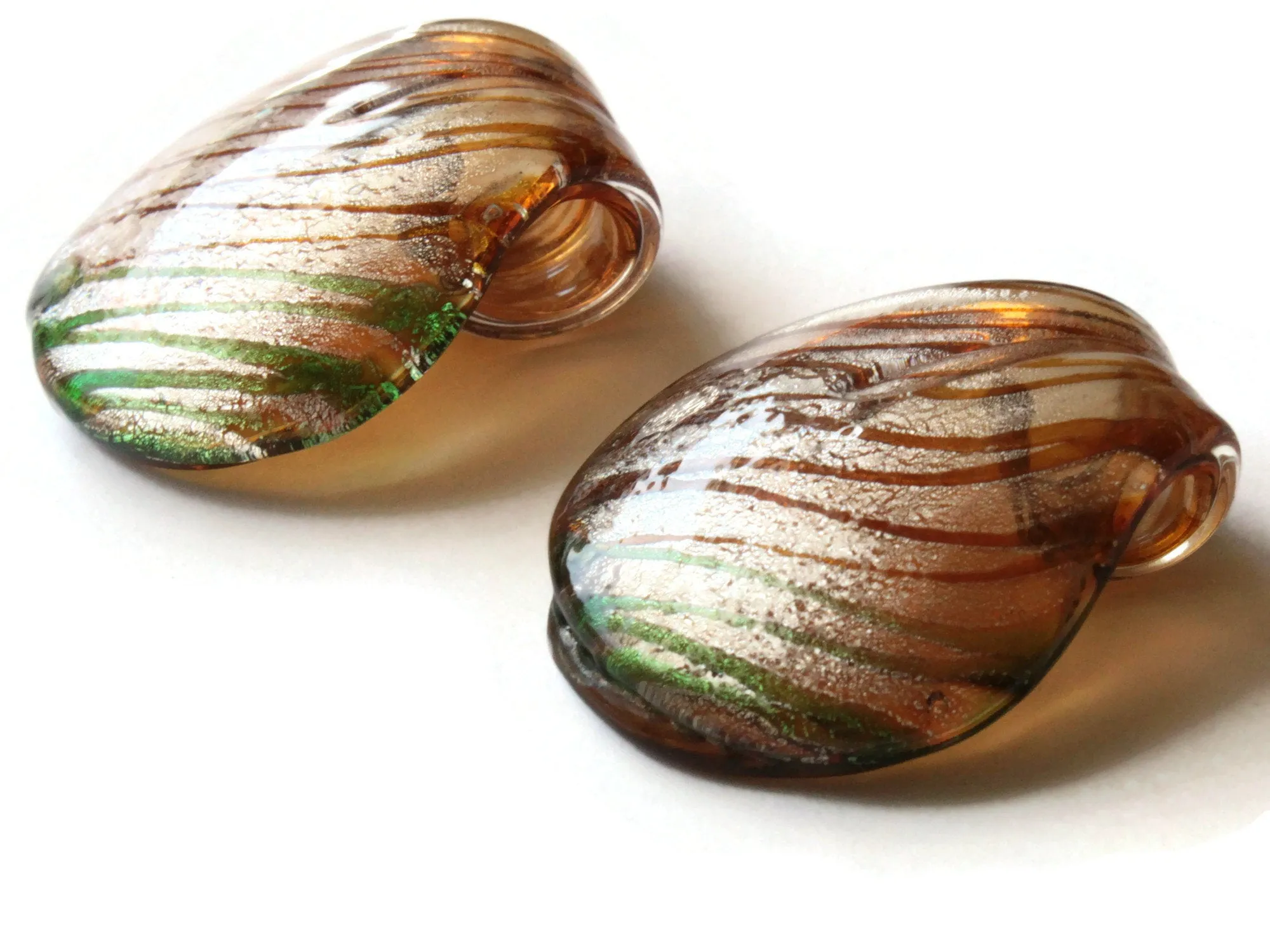 44mm Brown with Silver and Green Foil Glass Pendant Lampwork Glass Spoon Pendant