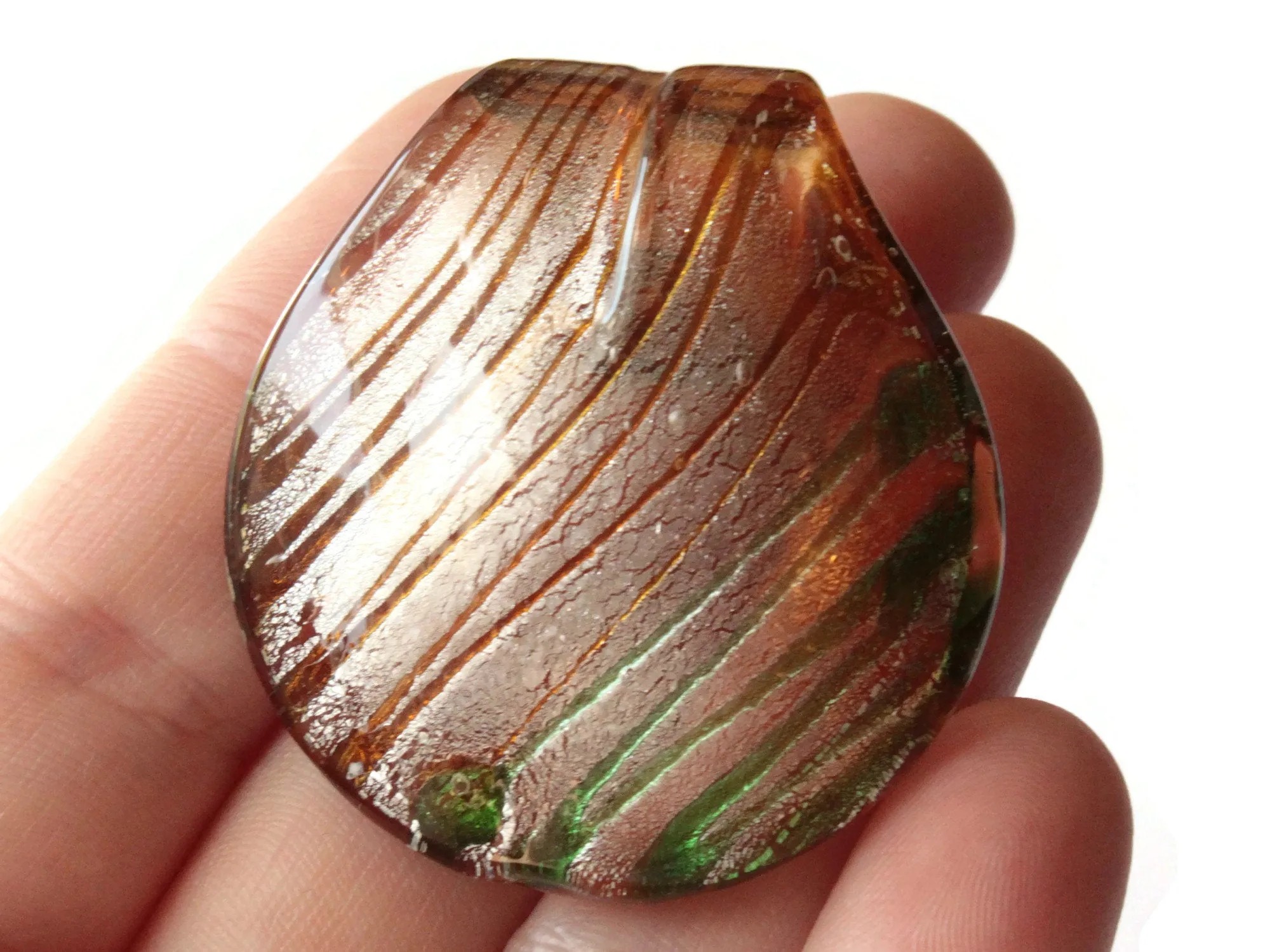 44mm Brown with Silver and Green Foil Glass Pendant Lampwork Glass Spoon Pendant