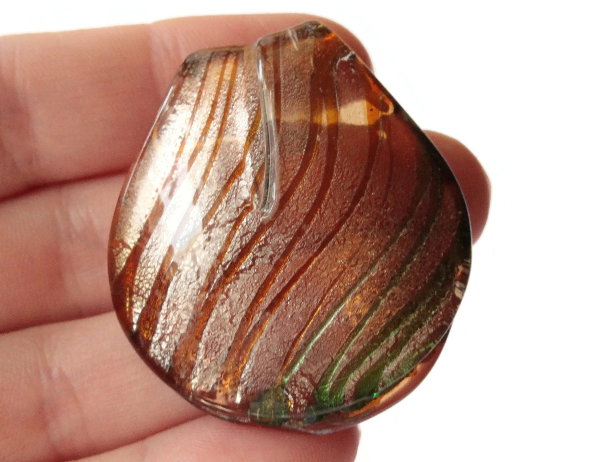 44mm Brown with Silver and Green Foil Glass Pendant Lampwork Glass Spoon Pendant