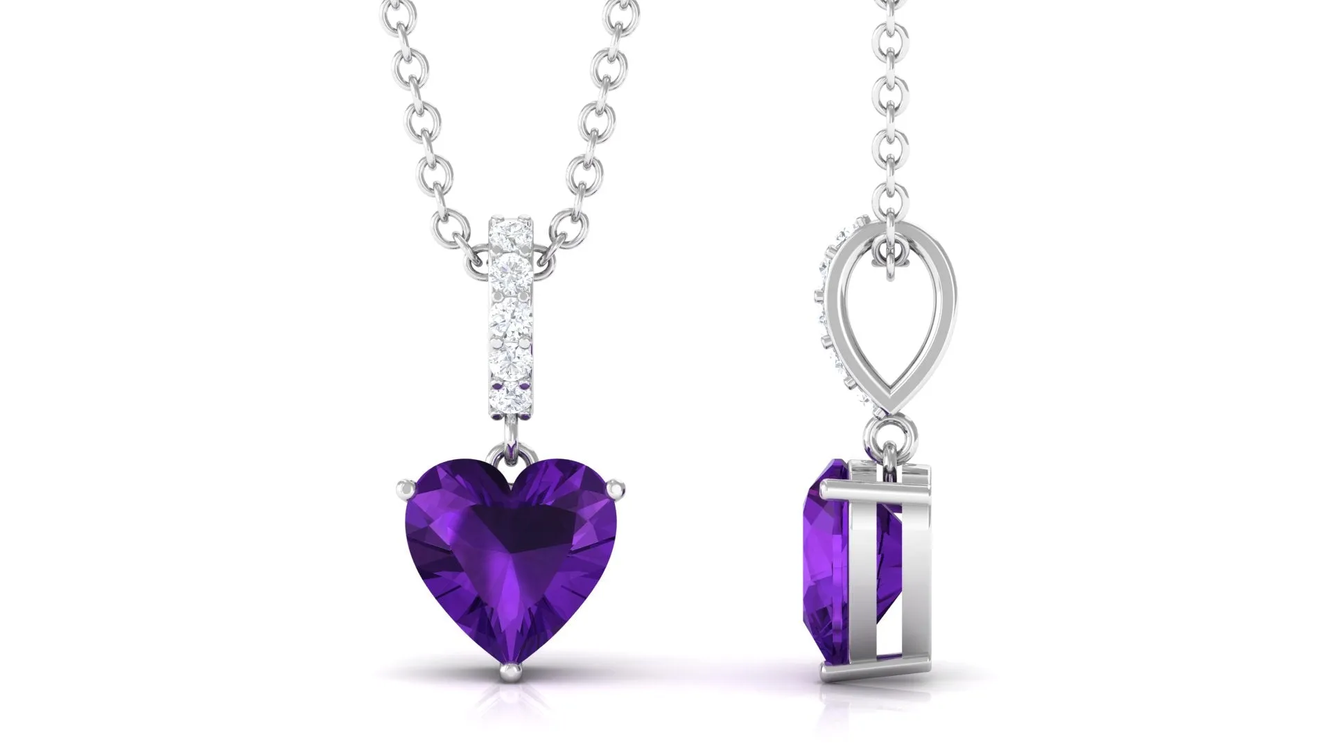 6 MM Heart Shape Amethyst Solitaire Pendant with Diamond Accent Bail