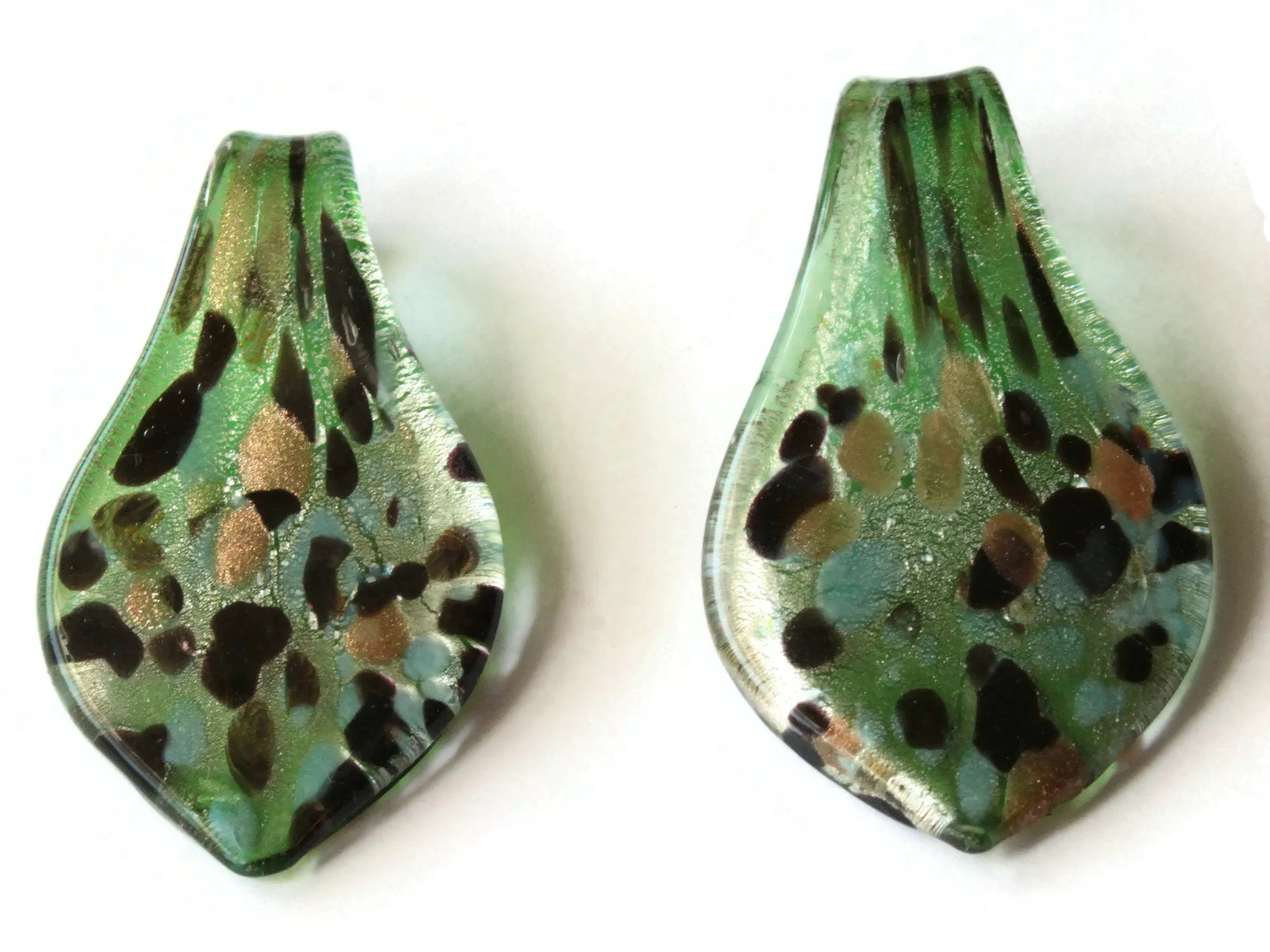 64mm Green with Gold and Brown Spots Foil Glass Pendant Lampwork Glass Spoon Pendant