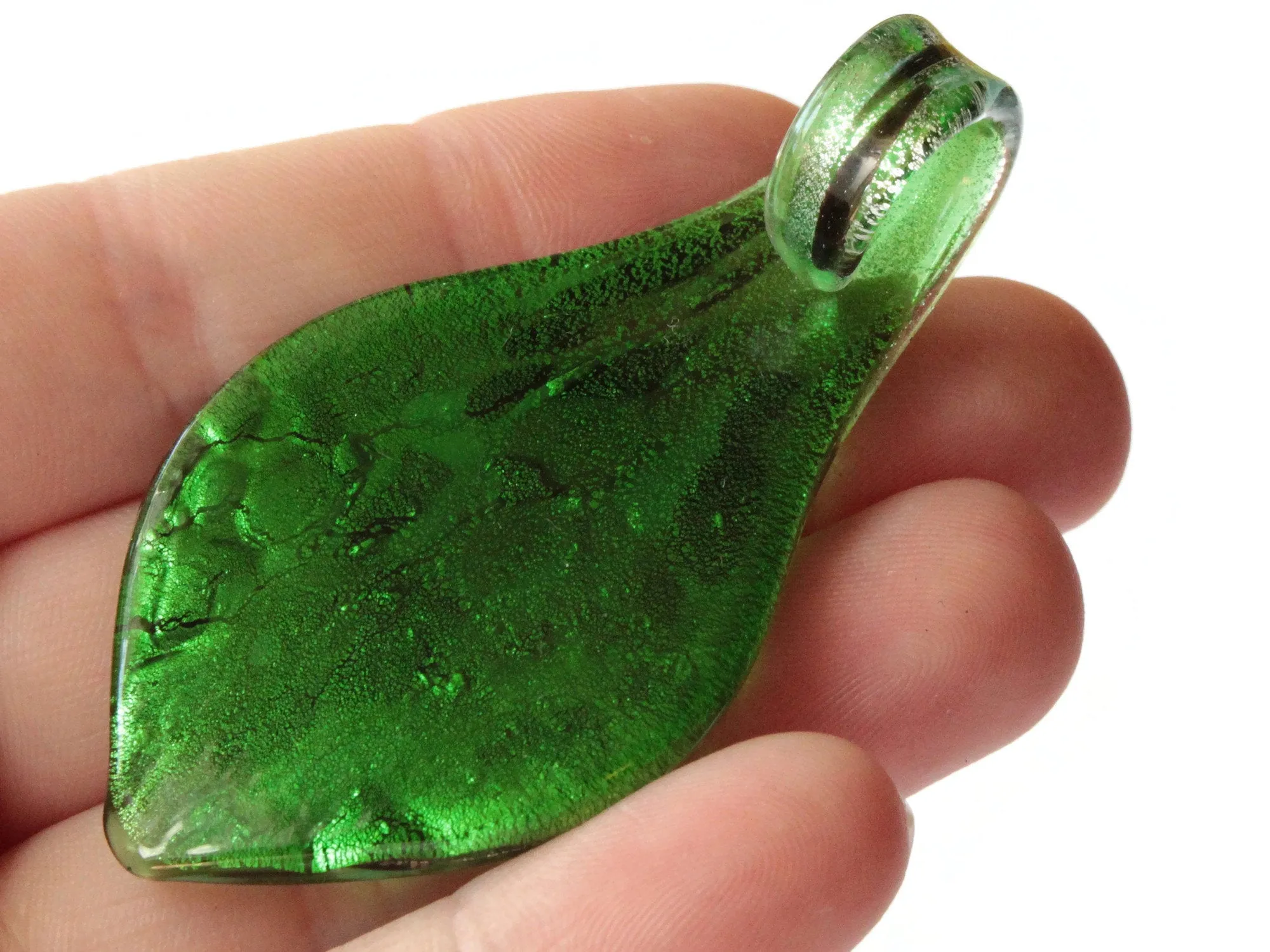 64mm Green with Gold and Brown Spots Foil Glass Pendant Lampwork Glass Spoon Pendant