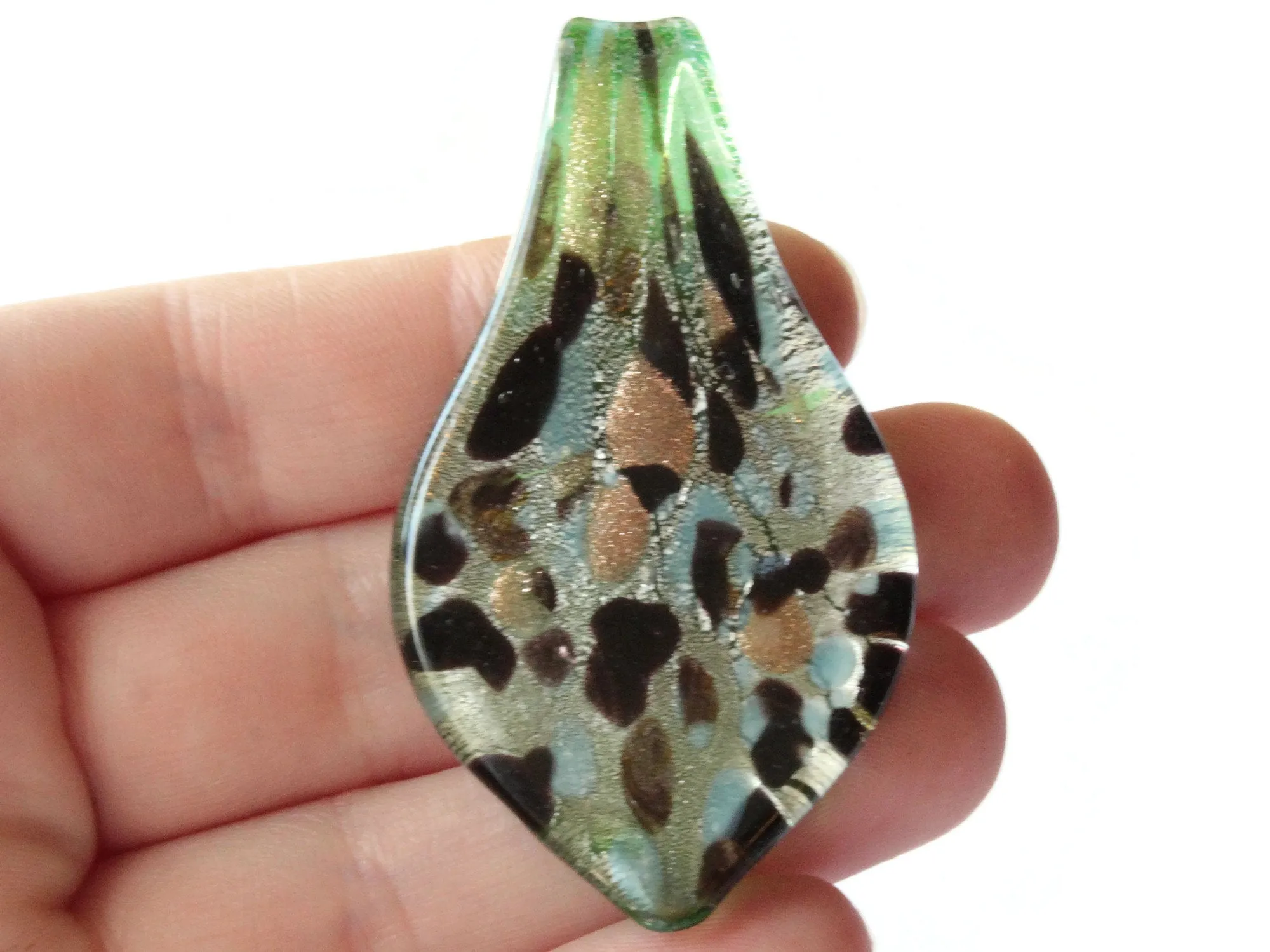 64mm Green with Gold and Brown Spots Foil Glass Pendant Lampwork Glass Spoon Pendant