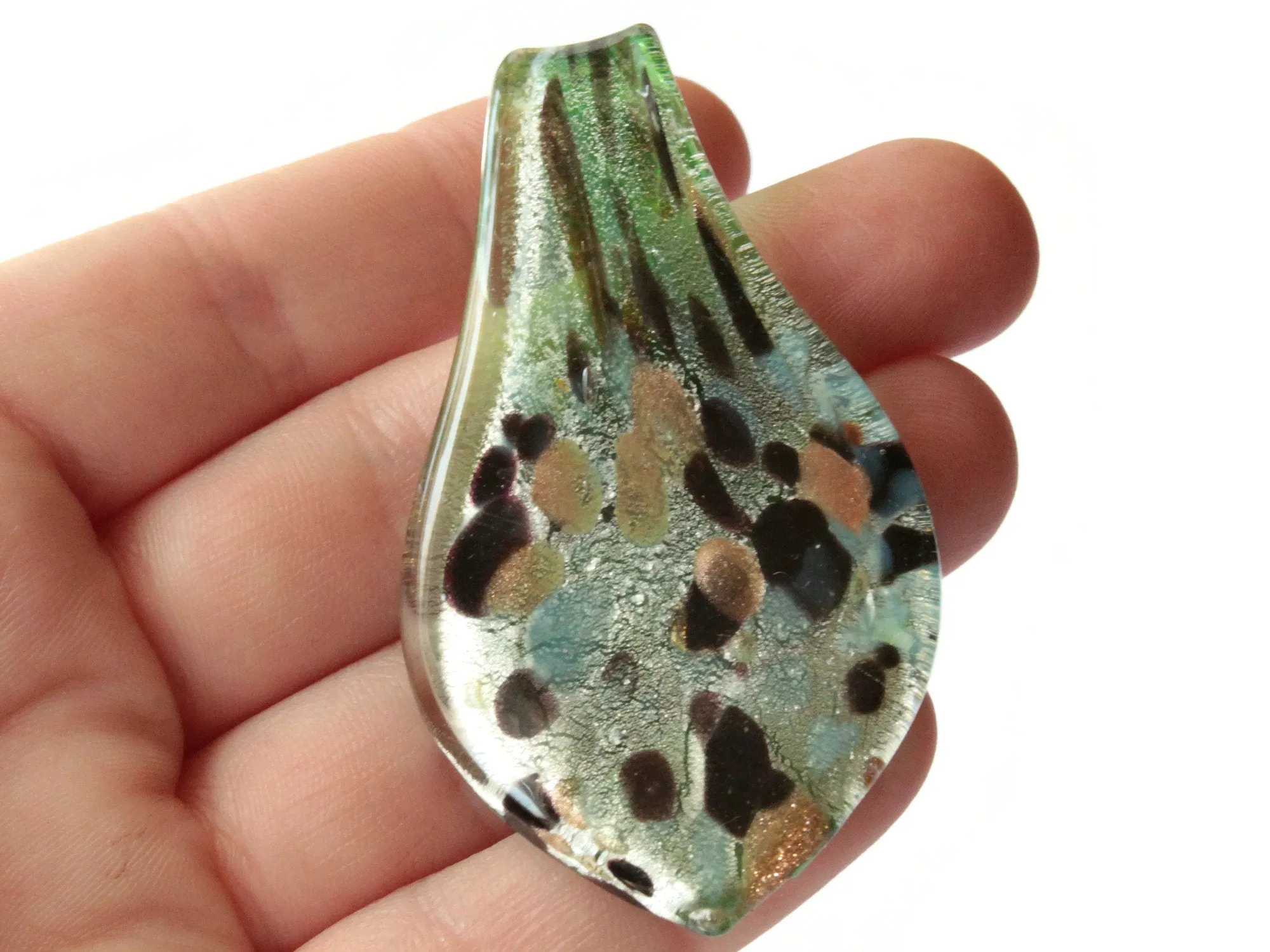 64mm Green with Gold and Brown Spots Foil Glass Pendant Lampwork Glass Spoon Pendant