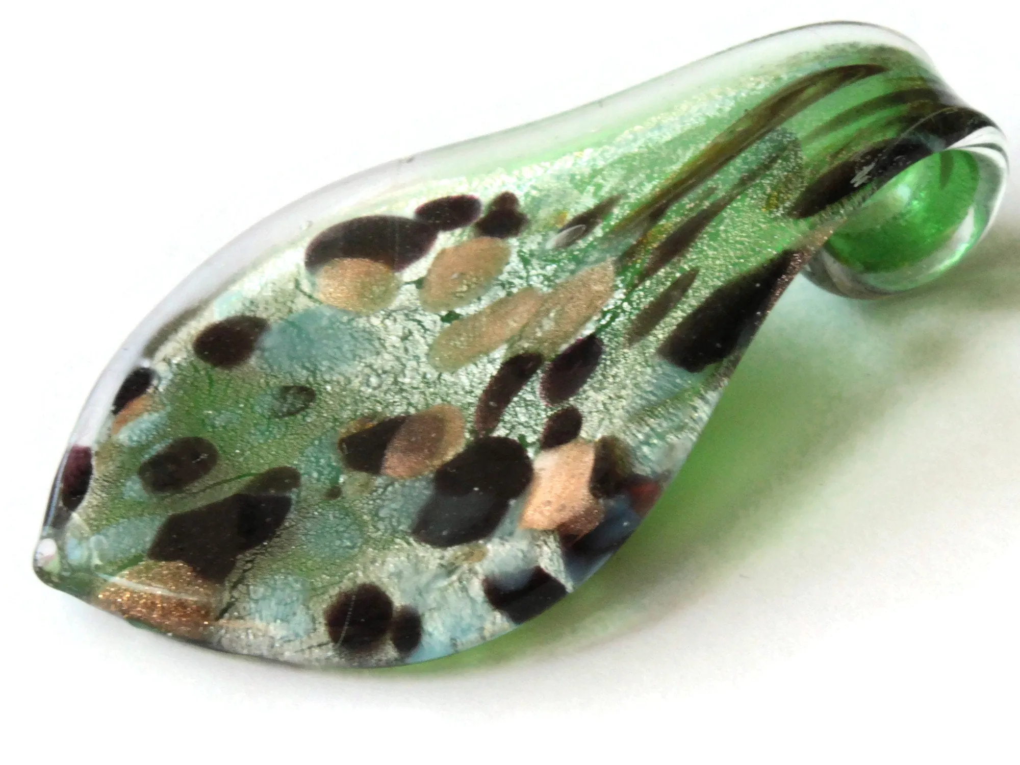 64mm Green with Gold and Brown Spots Foil Glass Pendant Lampwork Glass Spoon Pendant