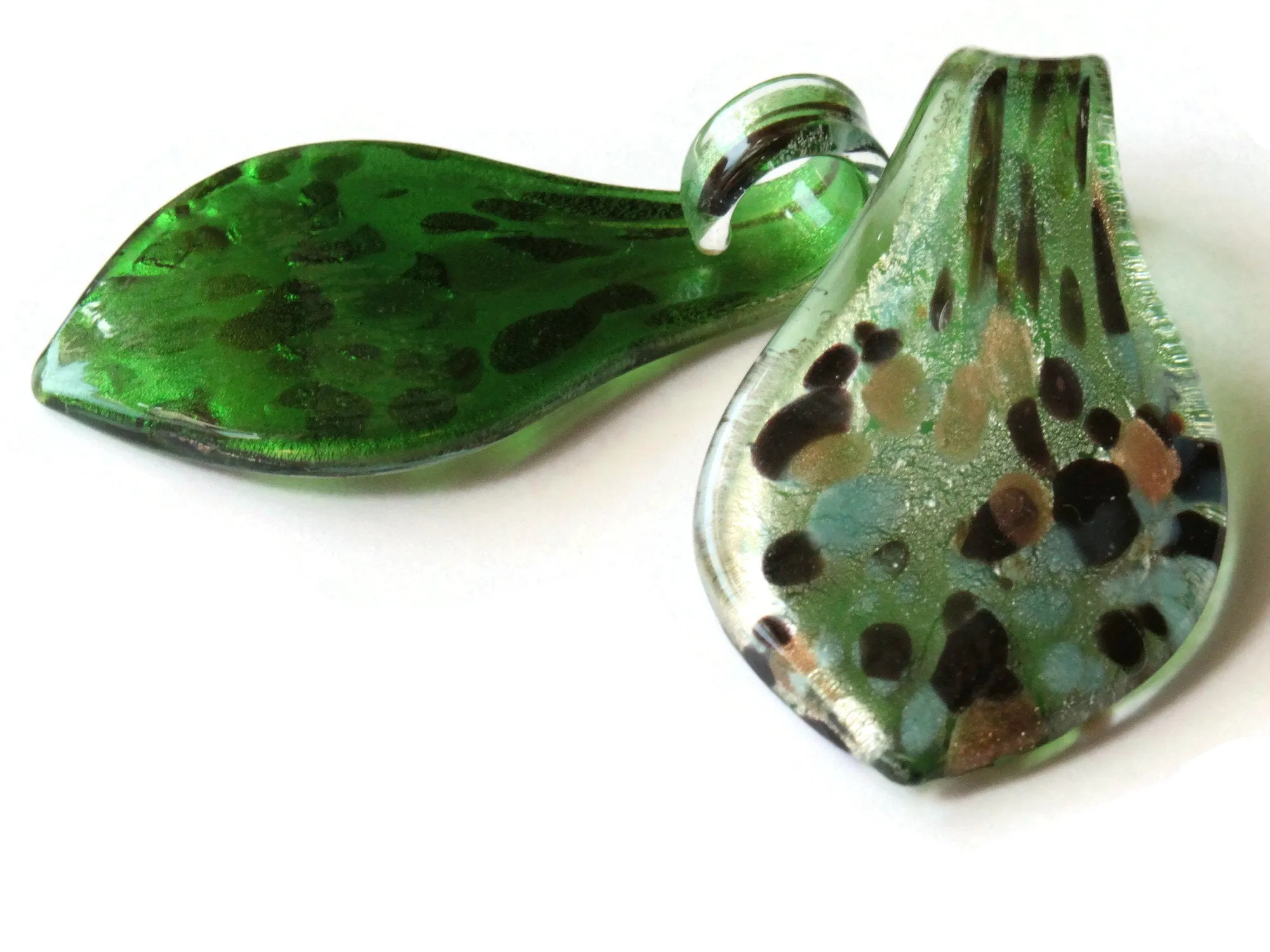 64mm Green with Gold and Brown Spots Foil Glass Pendant Lampwork Glass Spoon Pendant