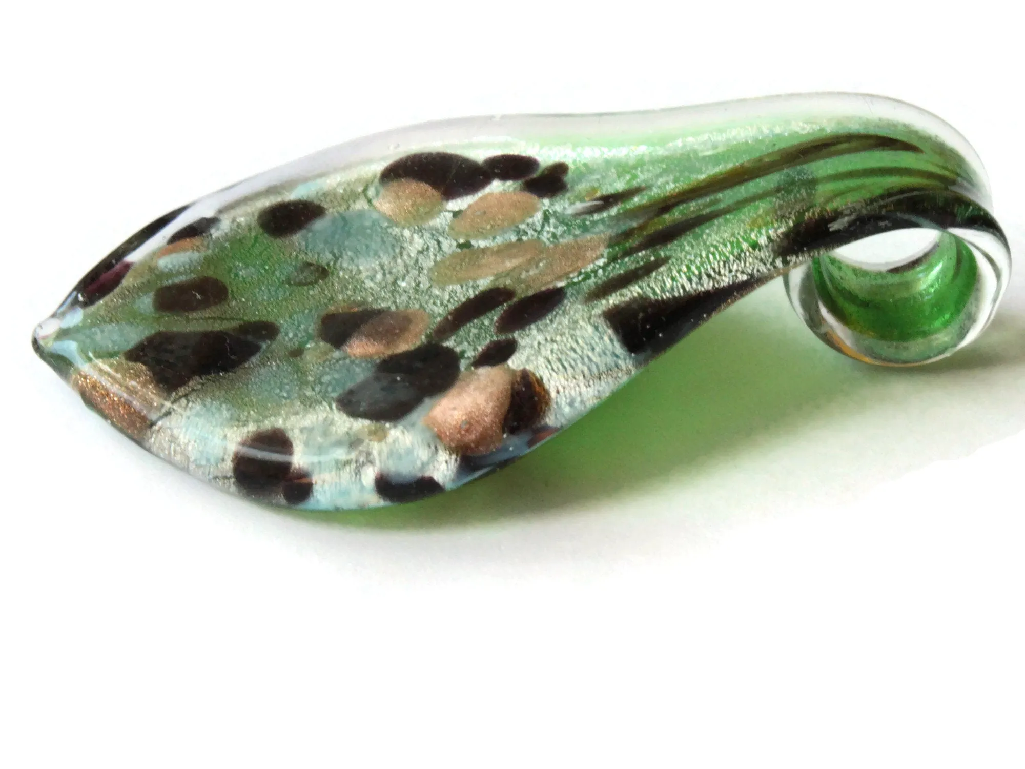 64mm Green with Gold and Brown Spots Foil Glass Pendant Lampwork Glass Spoon Pendant