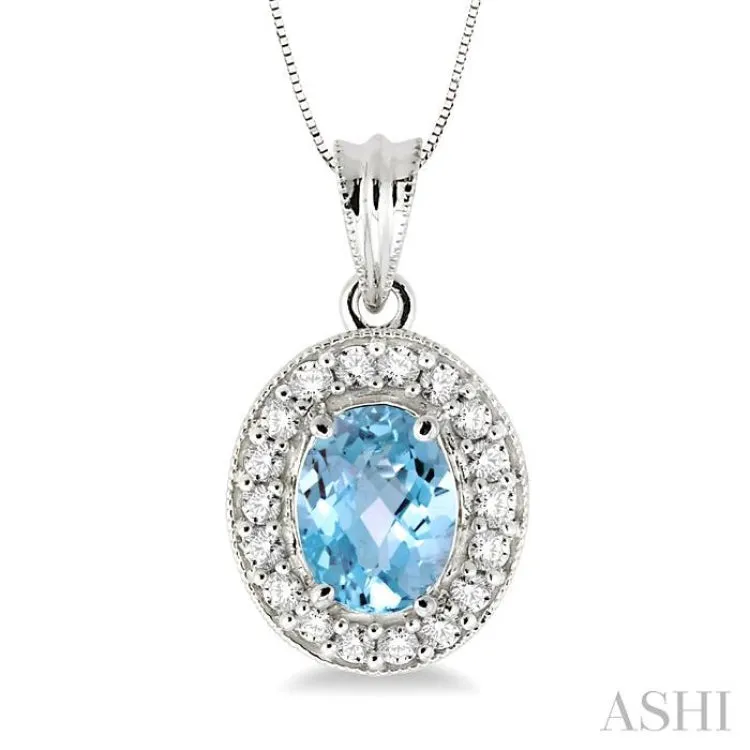 8x6mm Oval Cut Aquamarine and 1/3 Ctw Round Cut Diamond Pendant in 14K White Gold with Chain