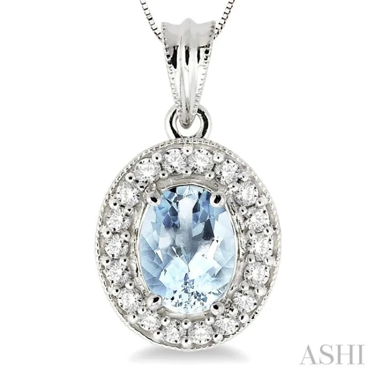 8x6mm Oval Cut Aquamarine and 1/3 Ctw Round Cut Diamond Pendant in 14K White Gold with Chain