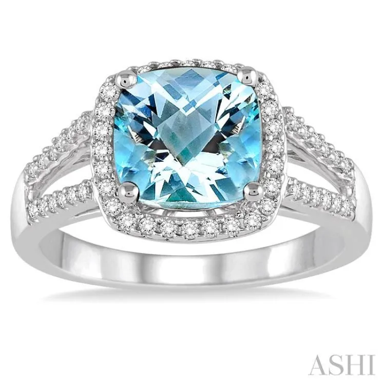 8x8 MM Cushion Cut Aquamarine and 1/4 Ctw Round cut Diamond Ring in 10K White Gold