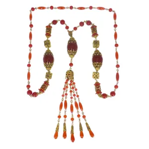 Antique Czechoslovakian Carnelian Tassel Glass Bead Necklace