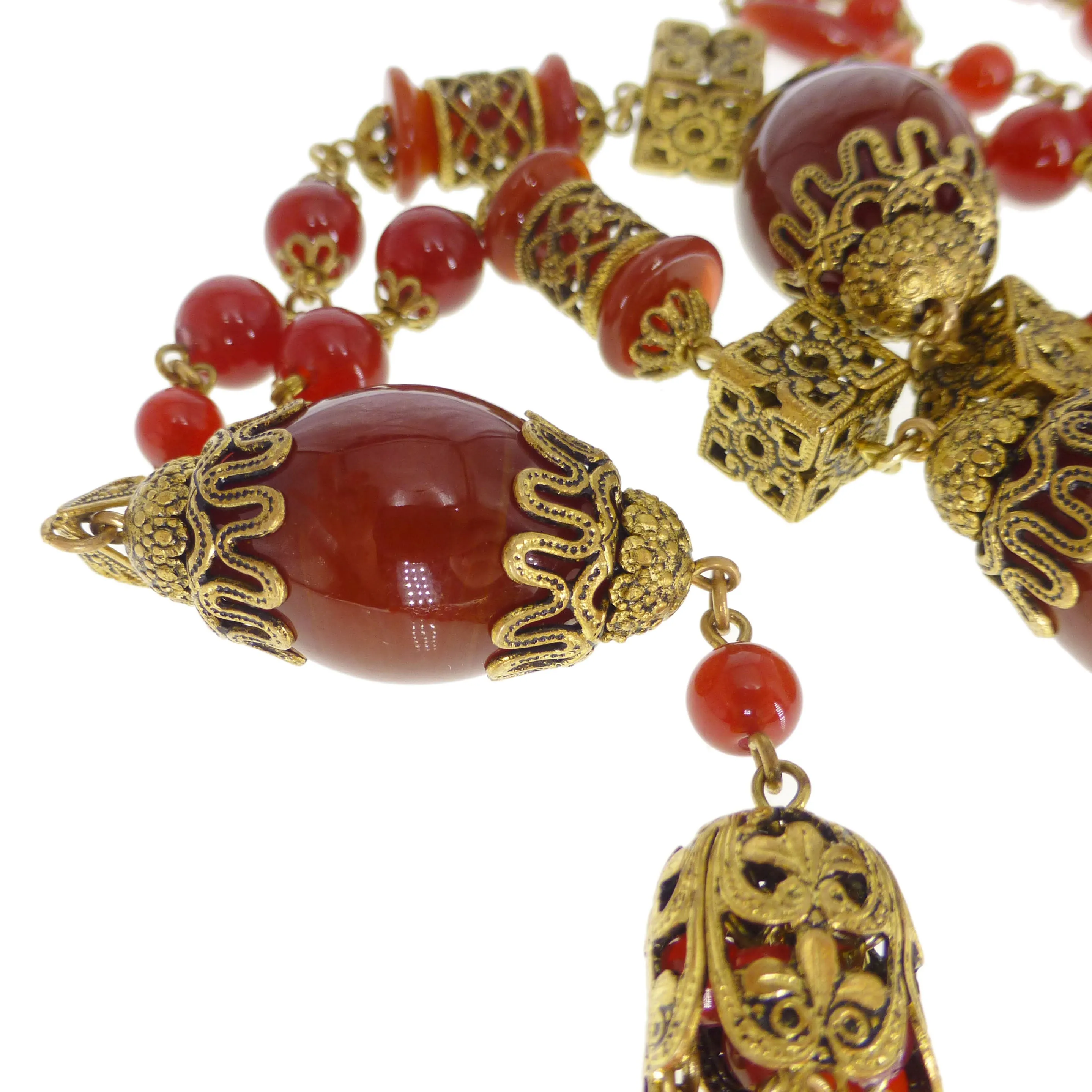 Antique Czechoslovakian Carnelian Tassel Glass Bead Necklace