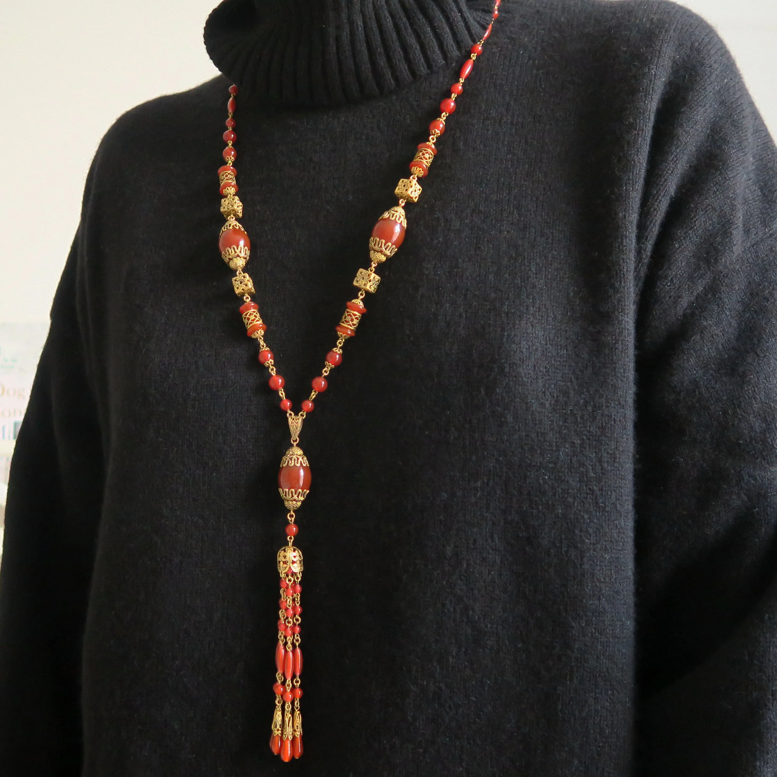 Antique Czechoslovakian Carnelian Tassel Glass Bead Necklace