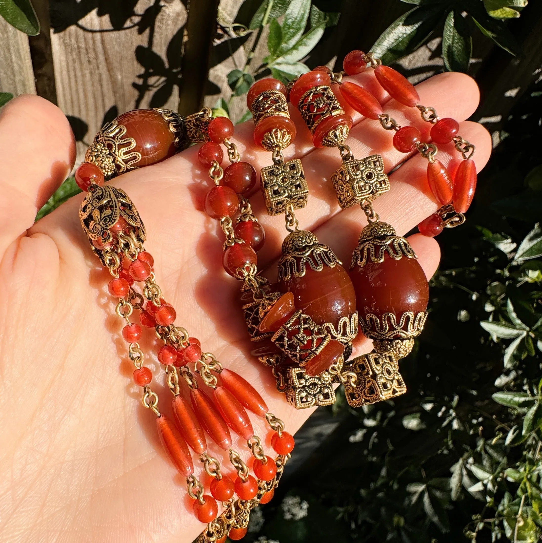 Antique Czechoslovakian Carnelian Tassel Glass Bead Necklace