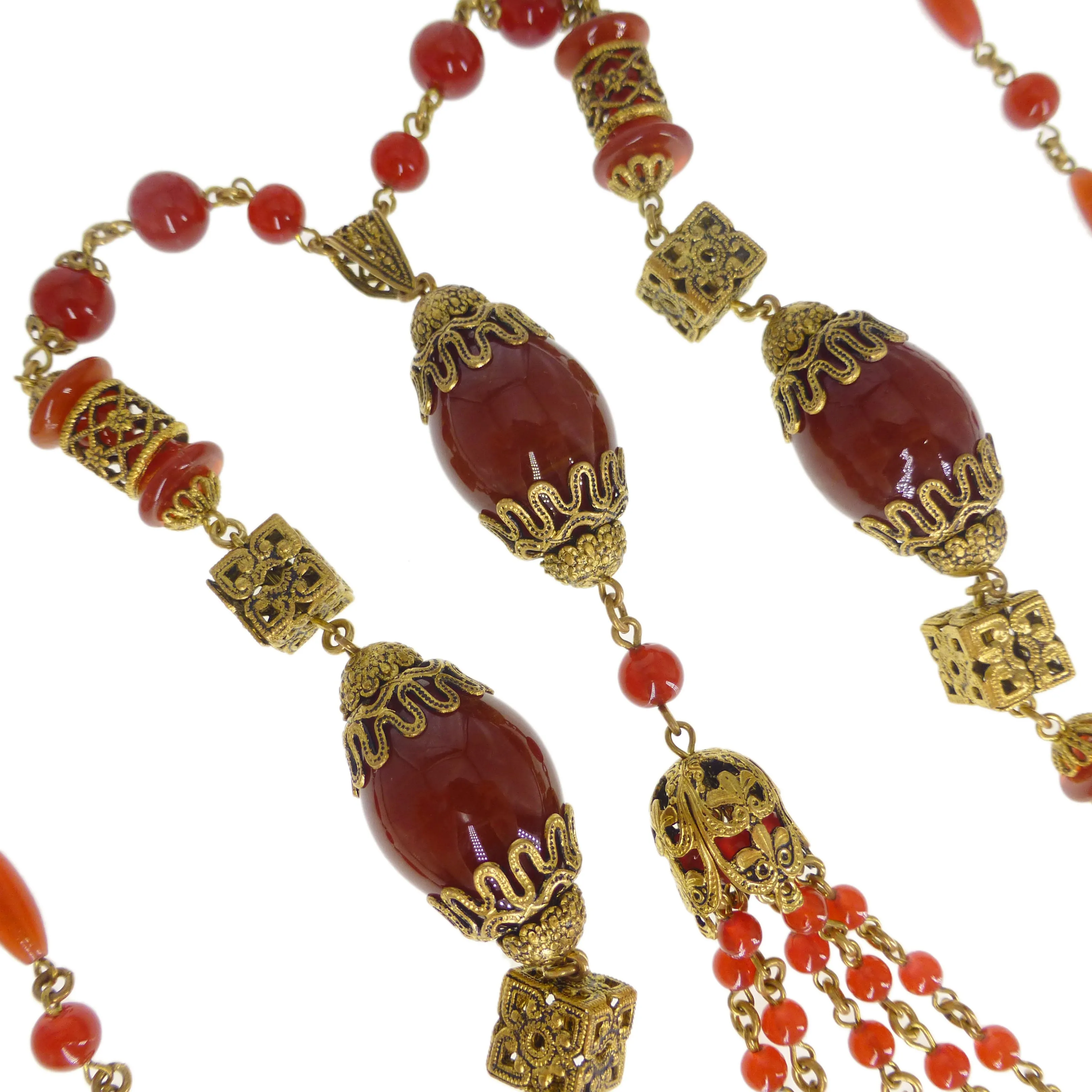 Antique Czechoslovakian Carnelian Tassel Glass Bead Necklace