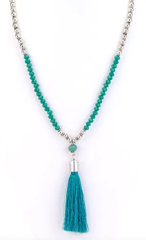 Aqua Tassel Long Beaded Necklace