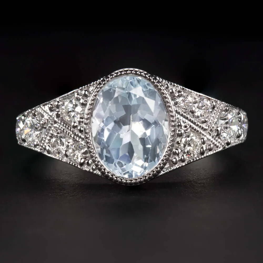 AQUAMARINE DIAMOND COCKTAIL RING VINTAGE STYLE OVAL SHAPE 14k WHITE GOLD NATURAL