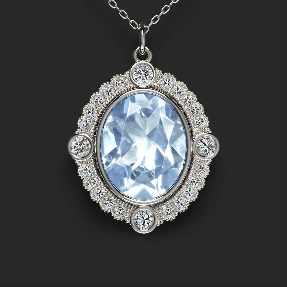 AQUAMARINE DIAMOND PENDANT VINTAGE STYLE SCALLOPED HALO 14k WHITE GOLD BLUE OVAL