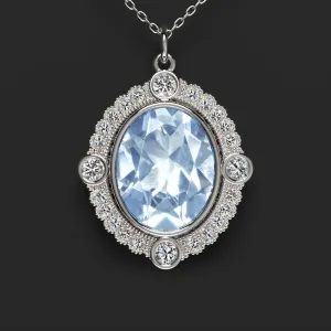 AQUAMARINE DIAMOND PENDANT VINTAGE STYLE SCALLOPED HALO 14k WHITE GOLD BLUE OVAL