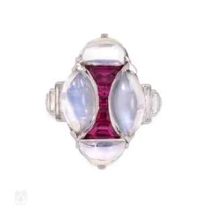 Art Deco moonstone, ruby, and diamond ring.