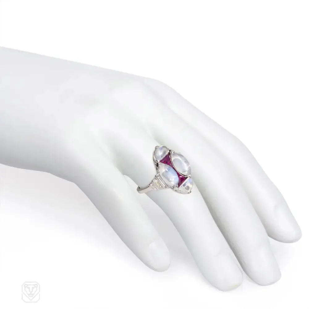 Art Deco moonstone, ruby, and diamond ring.