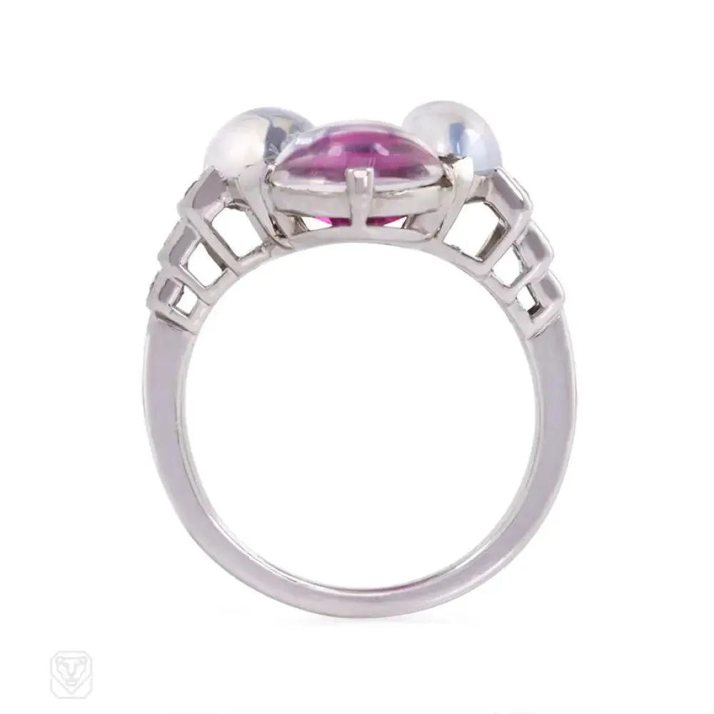 Art Deco moonstone, ruby, and diamond ring.