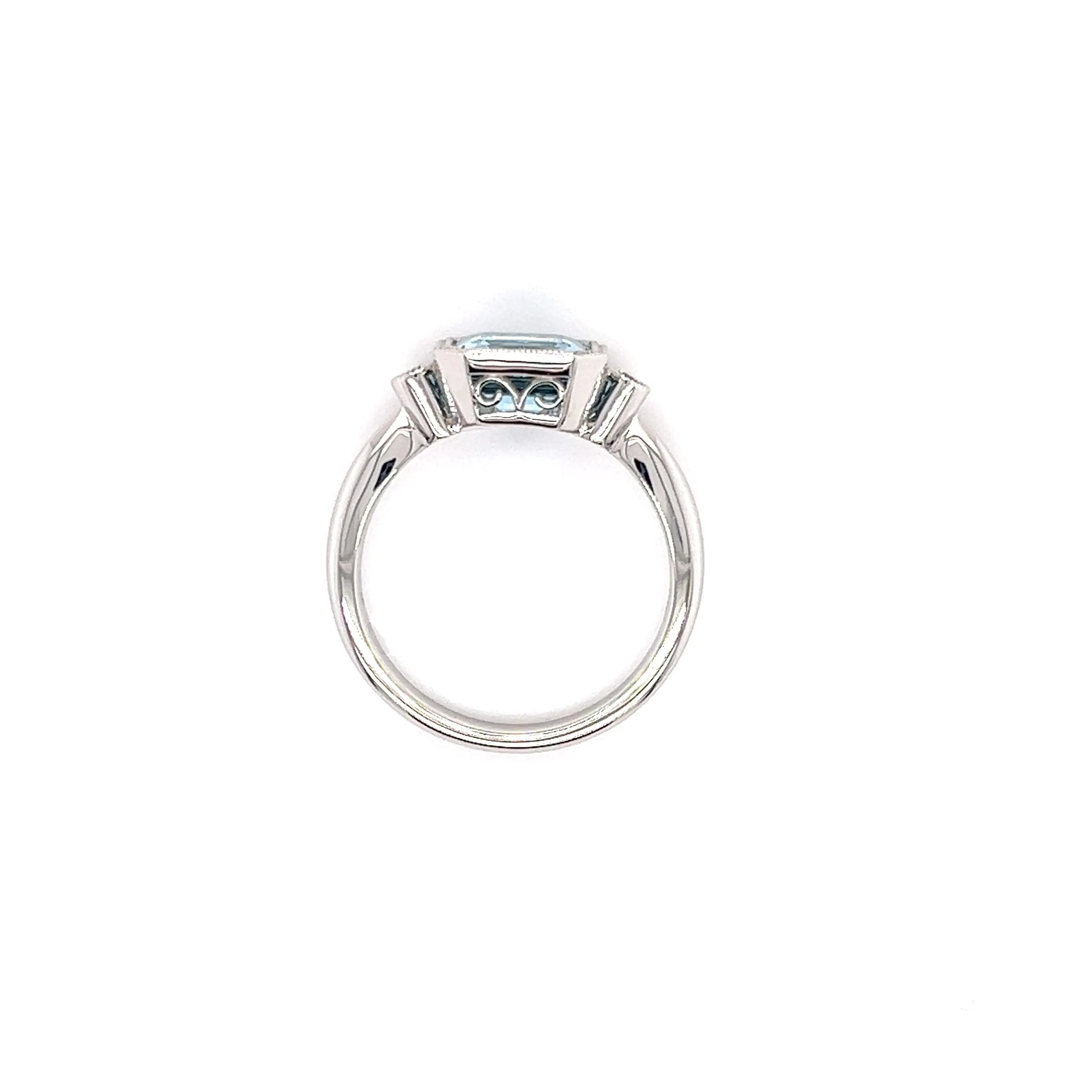 Asscher Aquamarine Ring with Two Side Diamonds in 14K White Gold