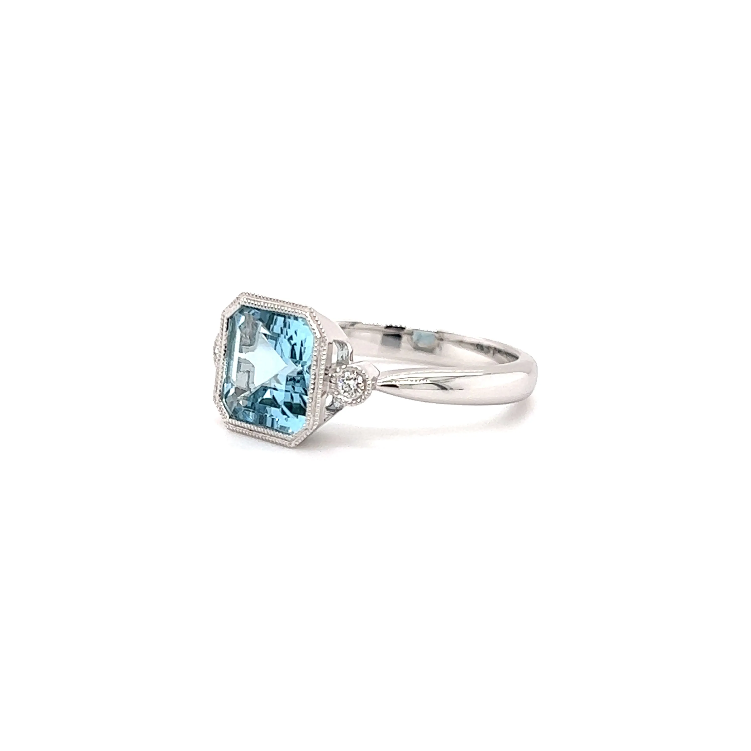 Asscher Aquamarine Ring with Two Side Diamonds in 14K White Gold