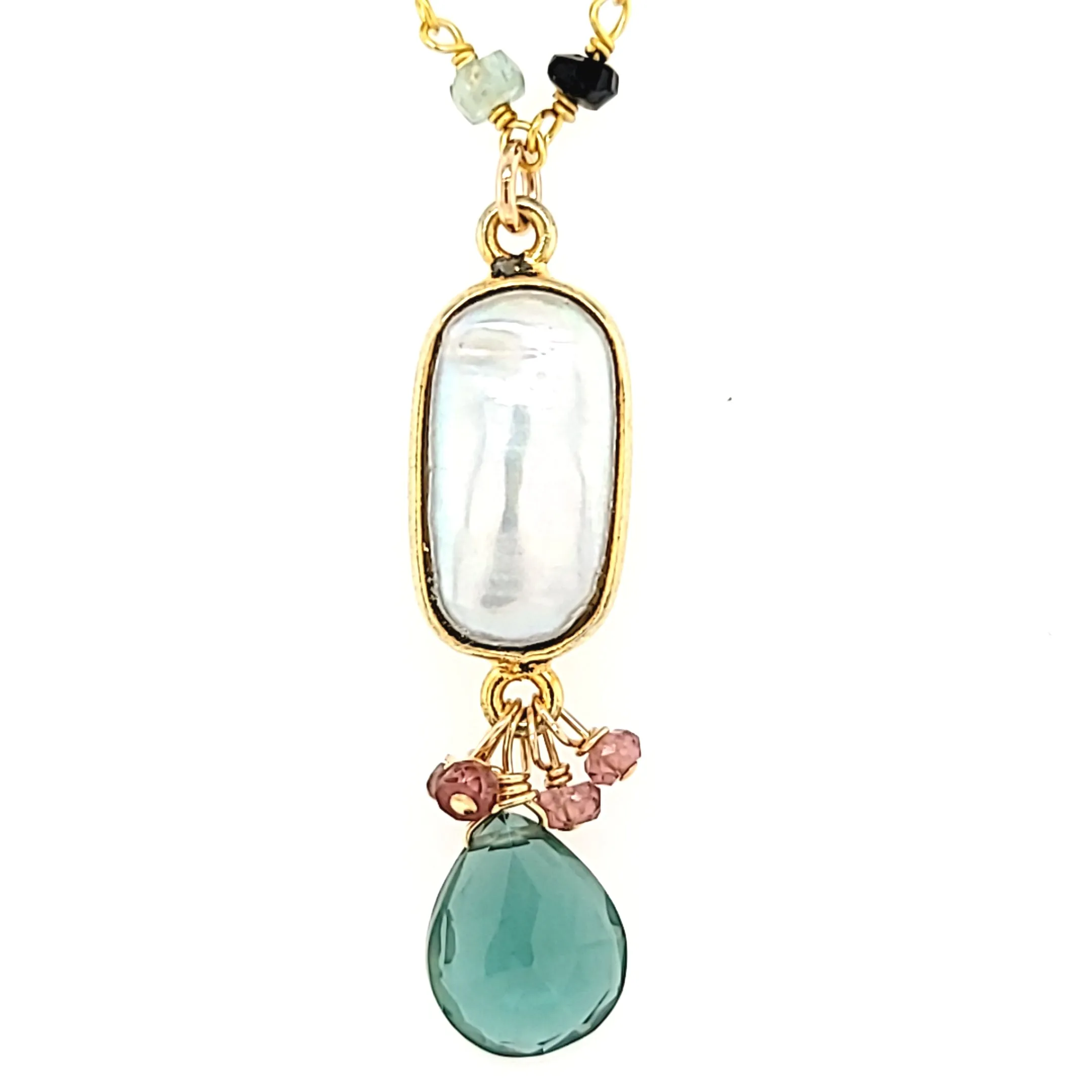 AVF Beaded Tourmaline with Bezel Oval Pearl & Green Quartz Drop Necklace (SI3694)