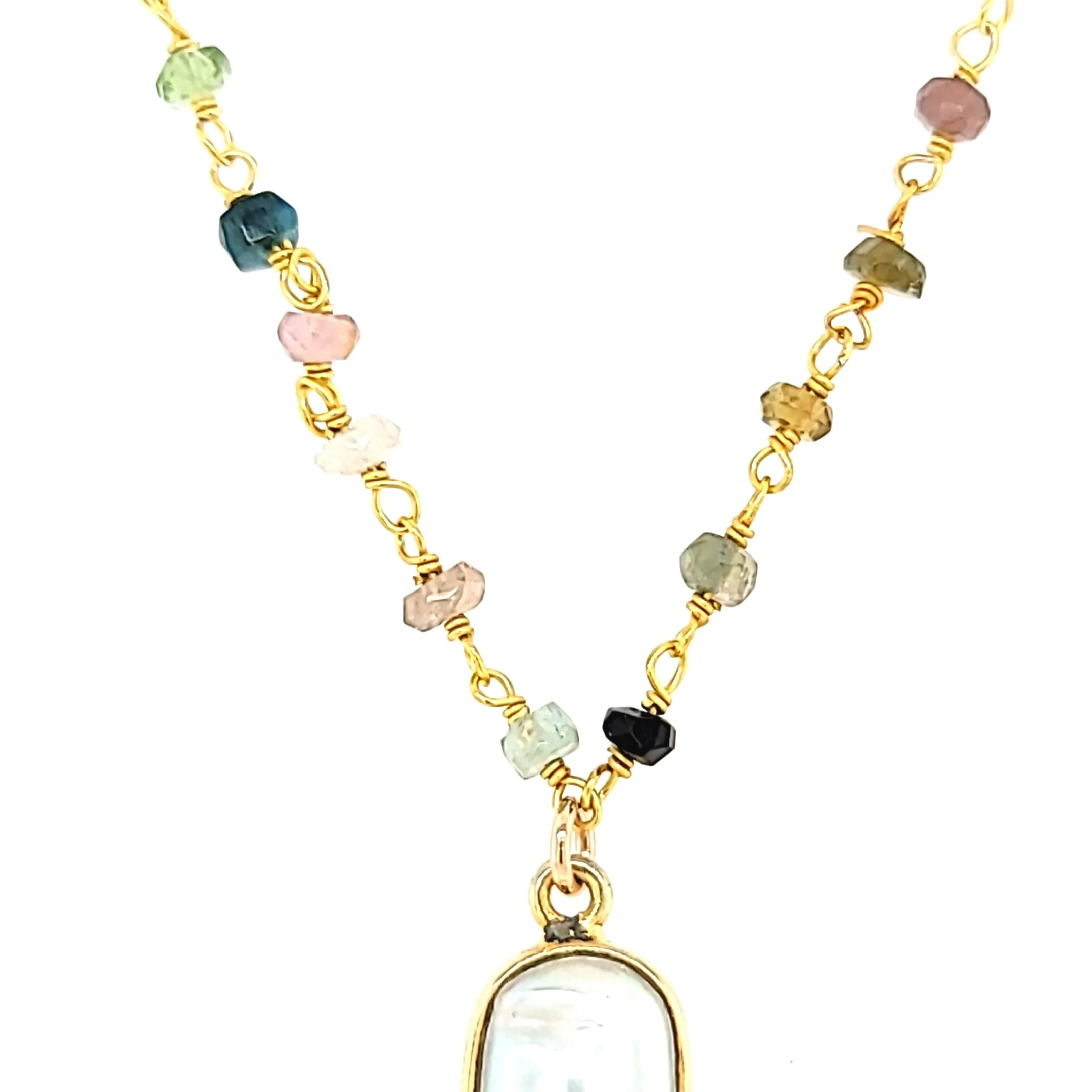 AVF Beaded Tourmaline with Bezel Oval Pearl & Green Quartz Drop Necklace (SI3694)